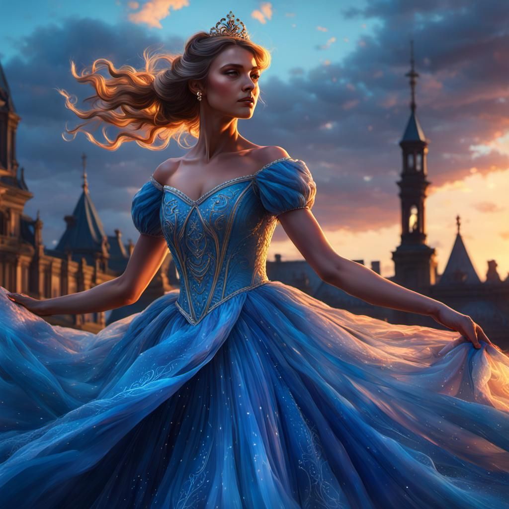 Girl in Blue Gown Spinning at Sunset, Detailed Portrait