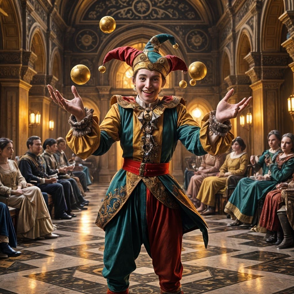 Medieval Jester's Whimsical Juggling Act in Golden Royal Cou...