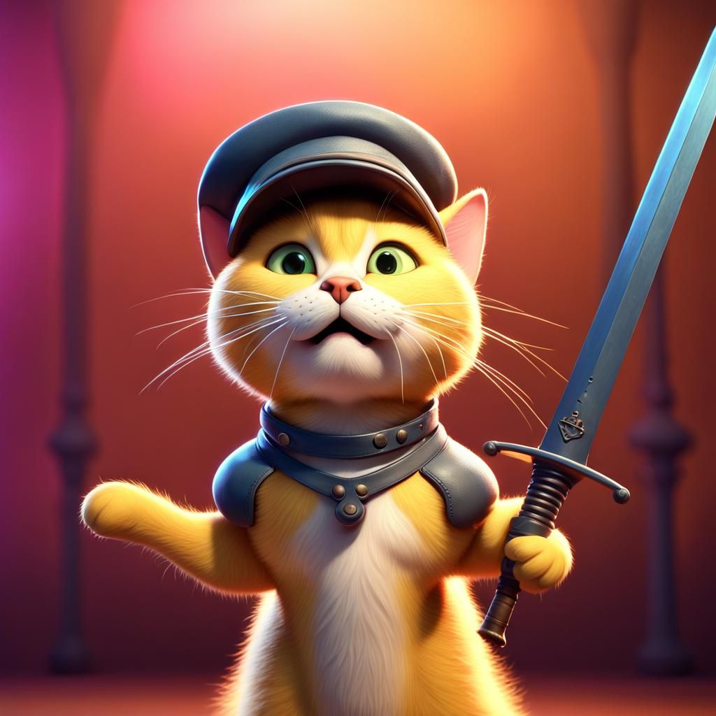 Cat Swordsman in Beret: 3D Rendered Art