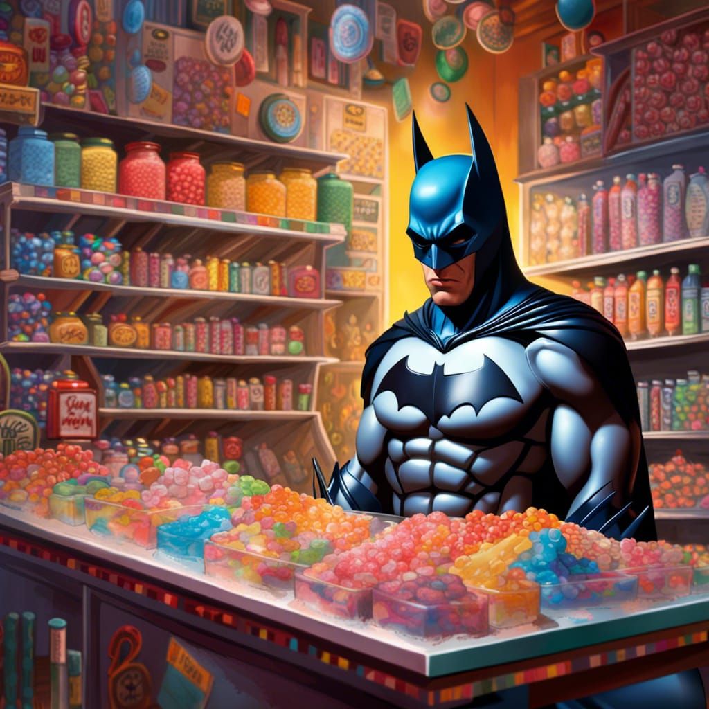 Batman's Candy Store in Hyperrealistic Splash Art