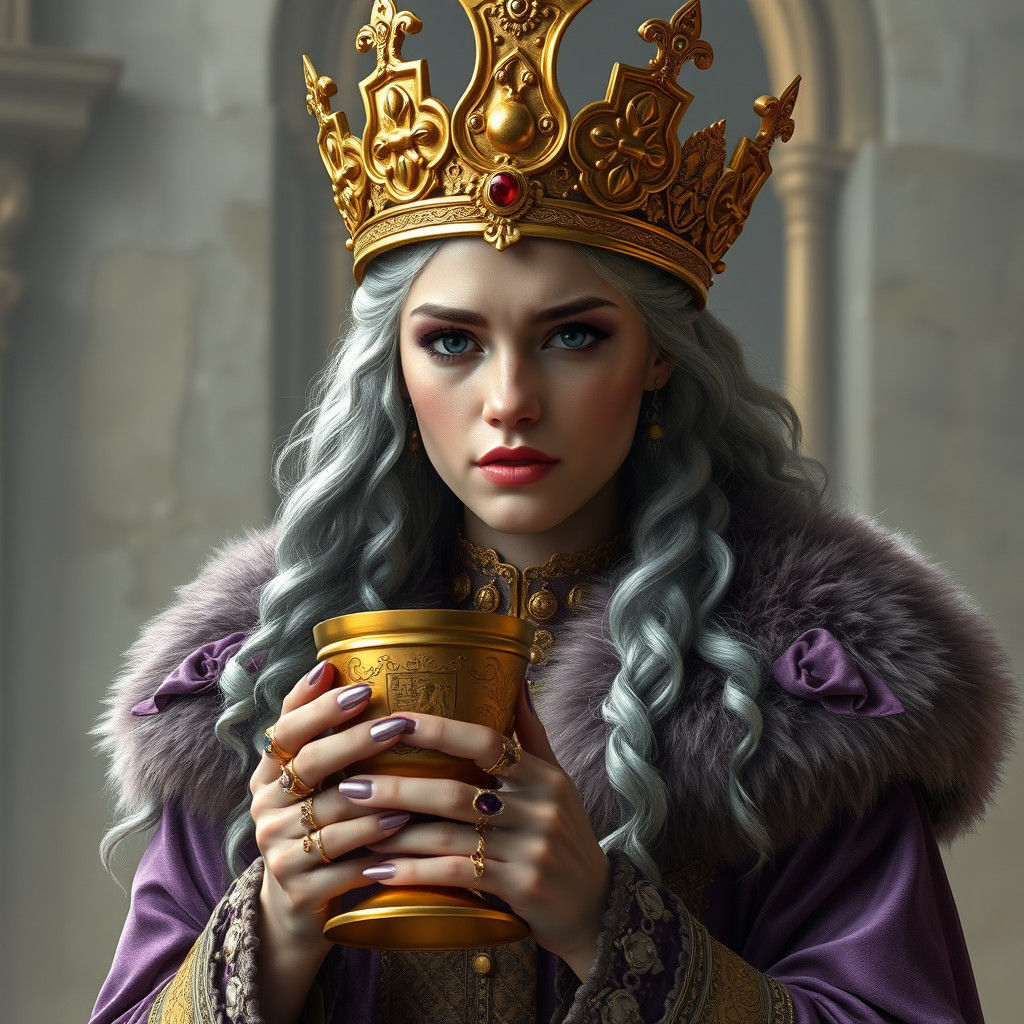 Medieval Queen with Golden Crown, Detailed Matte Painting