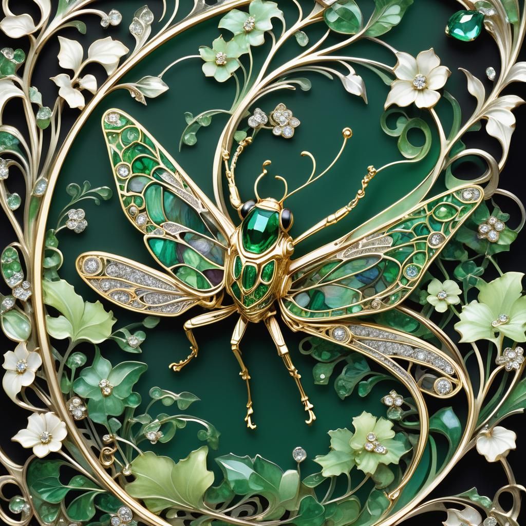 Emerald Diamond Grasshopper in Art Nouveau Style