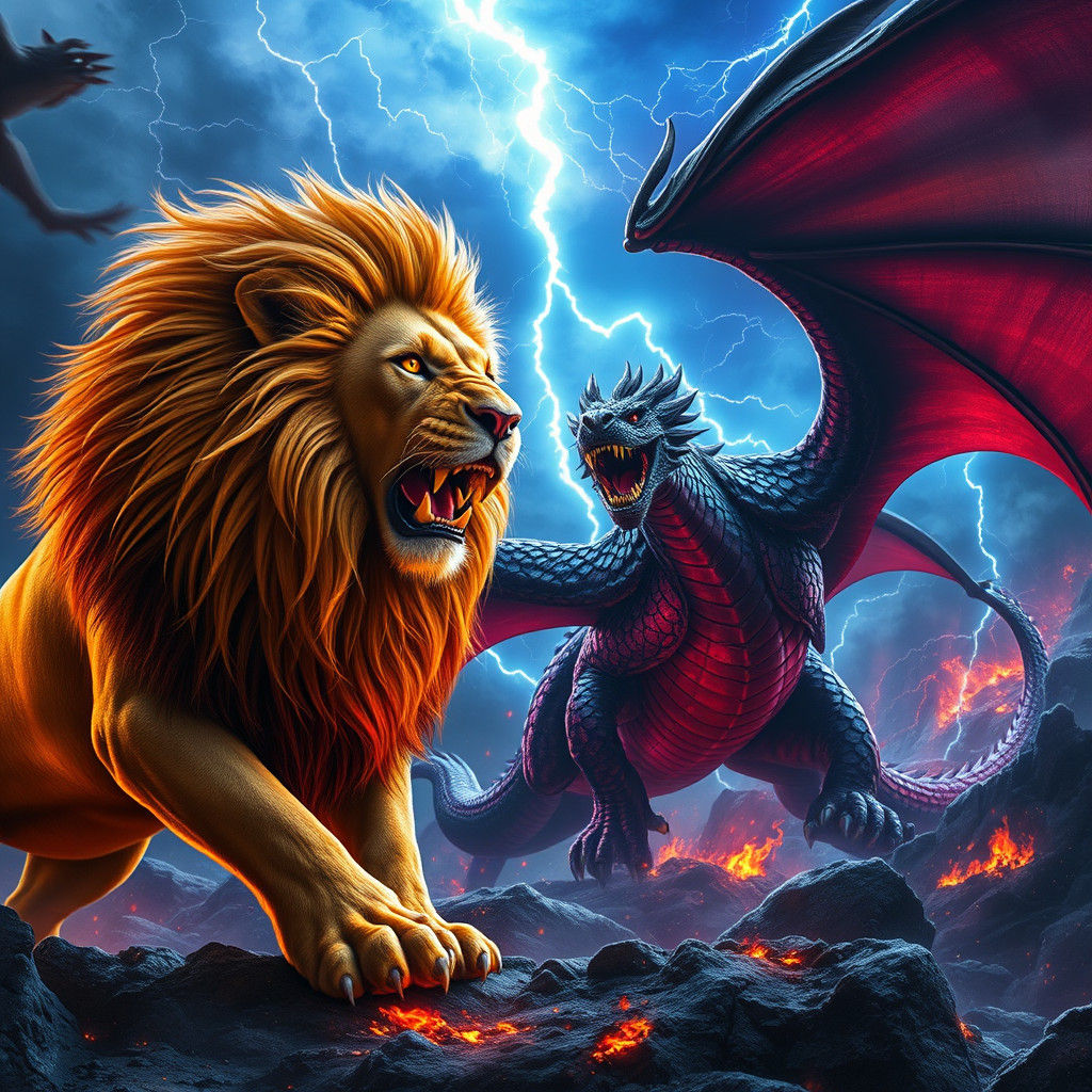 Lion and Dragon Clash in Dark Fantasy Style