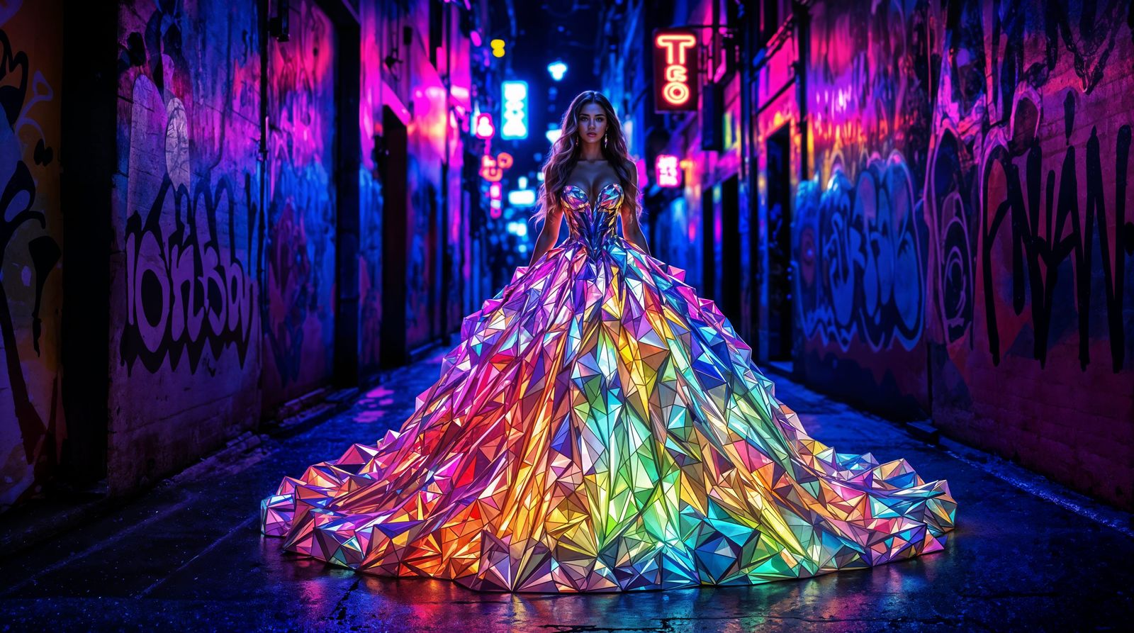 Rainbow Gown in Graffiti Alley, Hyperrealistic Style