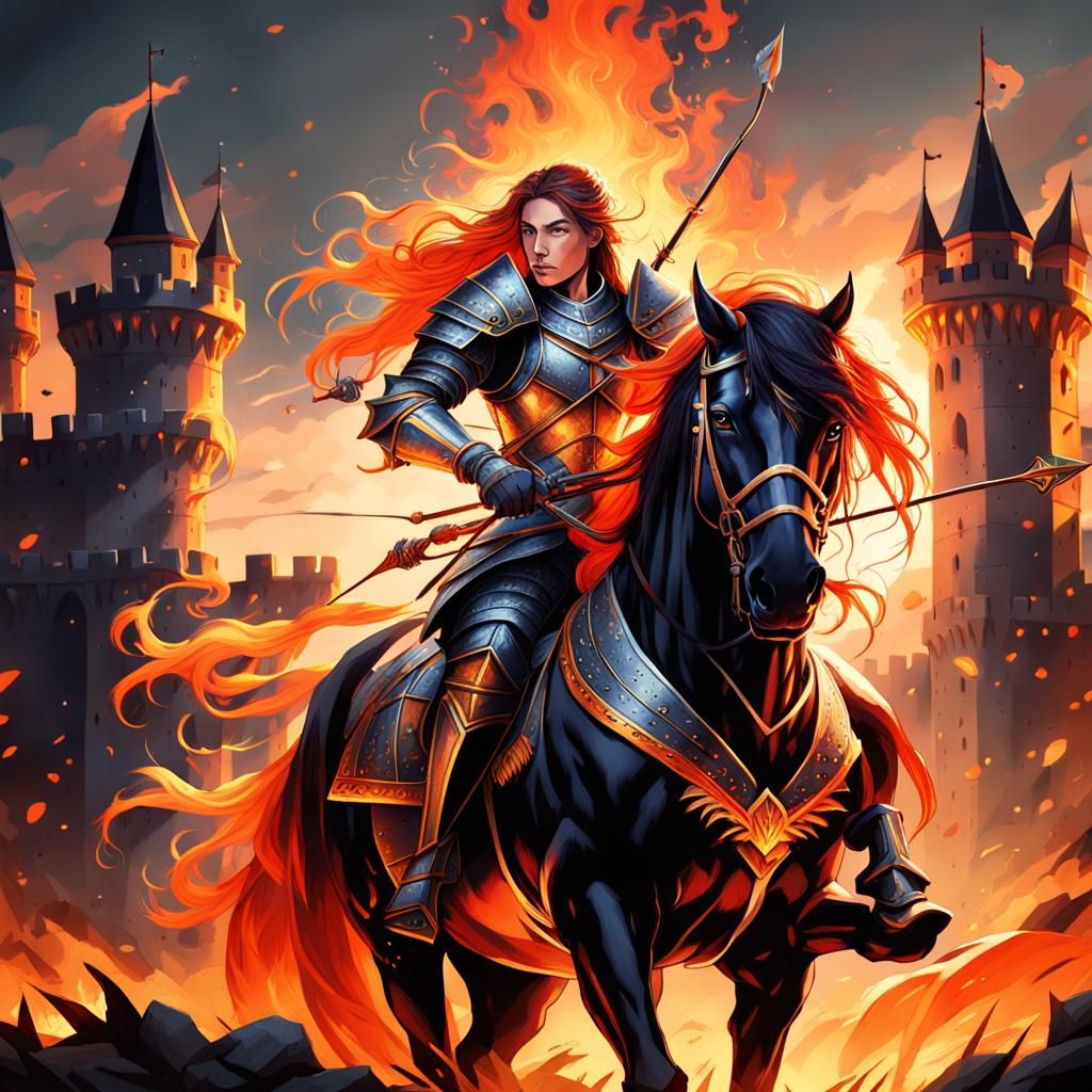 Fiery Horse and Warrior in Medieval Fantasy Art
