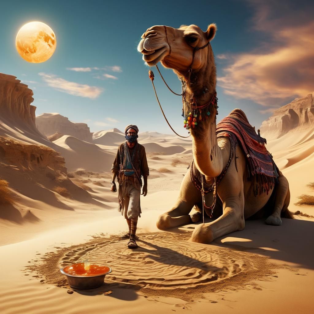 Arid Desert Scene with Thirsty Nomad, Matte Painting