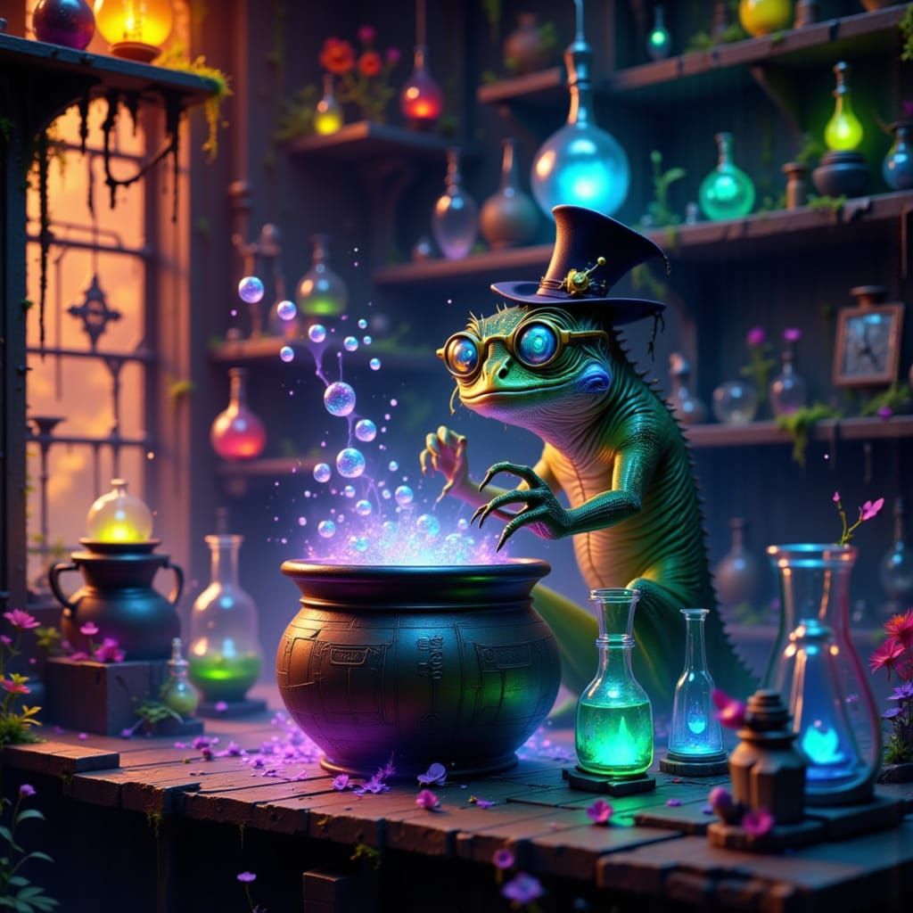 Anthropomorphic Lizard Wizard in Detailed CGI Cartoon Style
