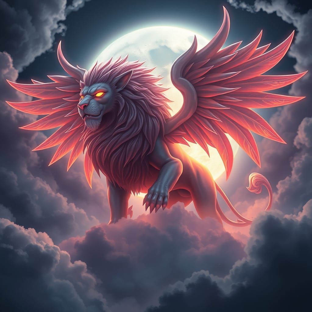 Fantastic Flying Lion in Moonlit Dreamscape