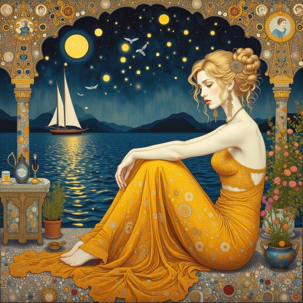 Woman Overlooking Sea in Klimt Style