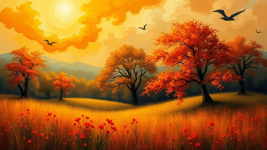 Autumn Meadow: Impressionist Landscape with Golden Light