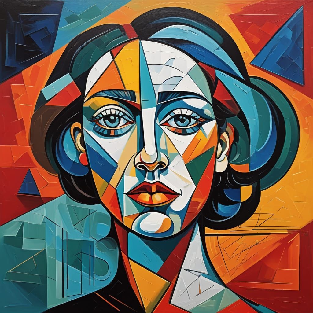 Cubist Woman Portrait in Geometric Shapes and Bold Colors