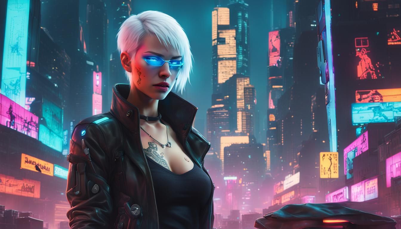 Cyberpunk Hacker in Neon Cityscape