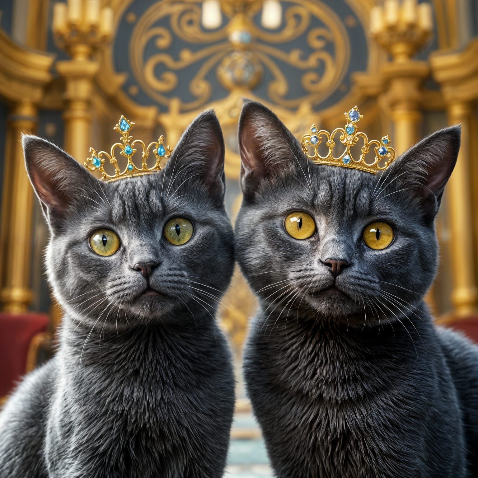 Regal Grey Cats Wear Glittering Tiaras in Grand Palace