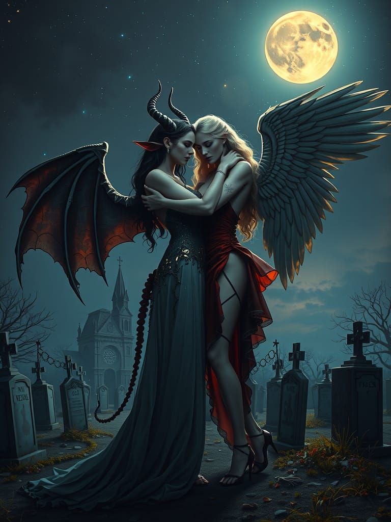 Surreal Angel and Devil Embrace in Cemetery Paradise