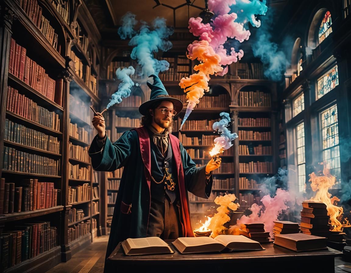 Young Wizard Practices Spells in Magical Library