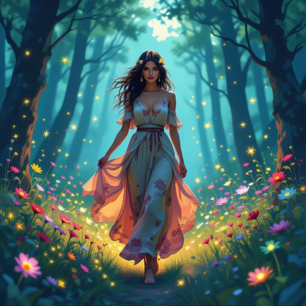 Mystical Forest Woman in Bohemian Dress