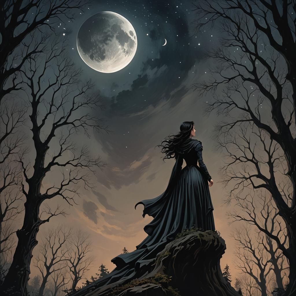 Mystical Woman in Gothic Forest: Oil on Canvas