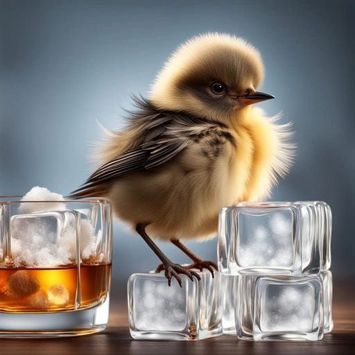 Pretty little fluffy baby bird with ice cubes.