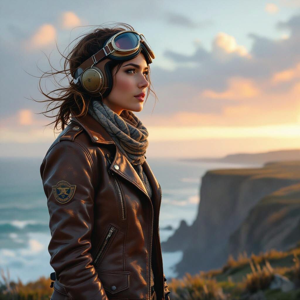 Aviator Woman on Windswept Cliff, Dramatic Landscape