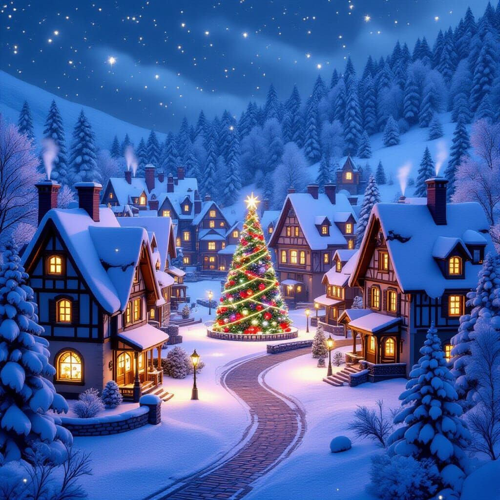 Fantasy Christmas Village Collage in Deep Complementary Colo...