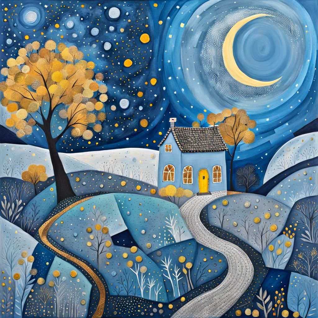 Blue Lunar Landscape in Art Brut Style