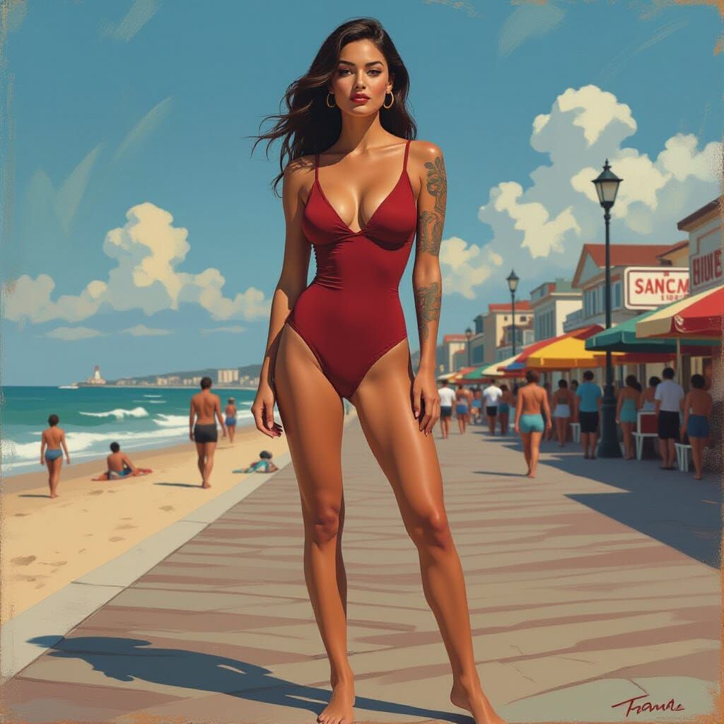 Confident Woman Posing on Boardwalk in Impasto Style