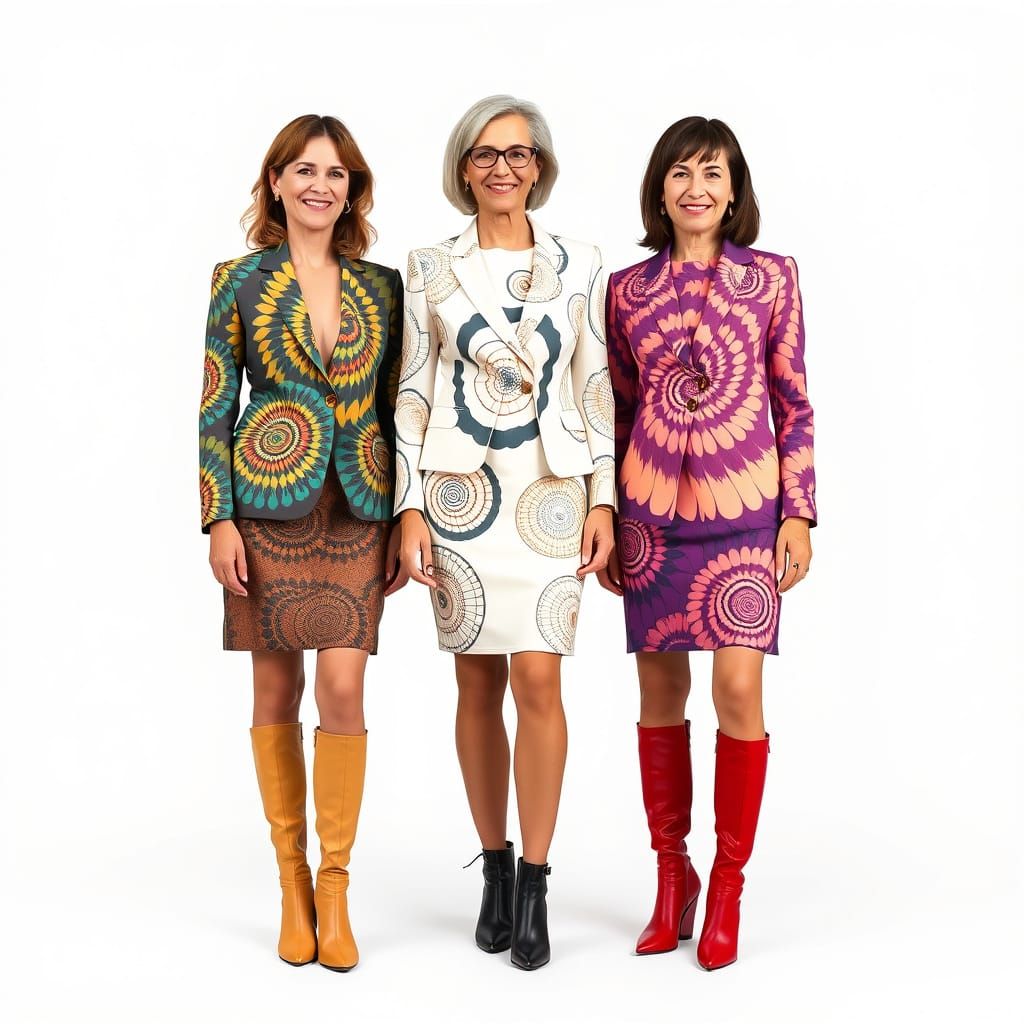 Businesswomen in Hypnotic Spiral Patterned Suits and Boots