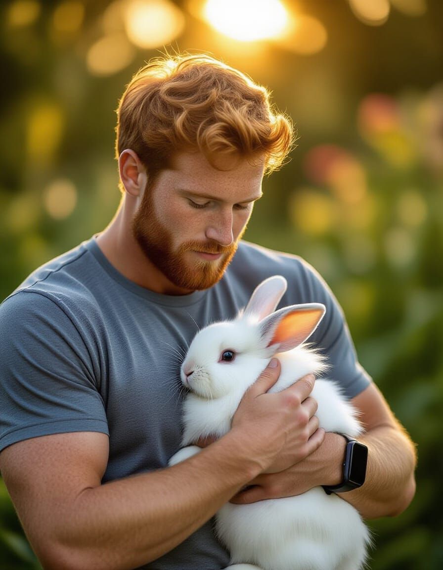 Man Cares For Rabbit in Golden Light