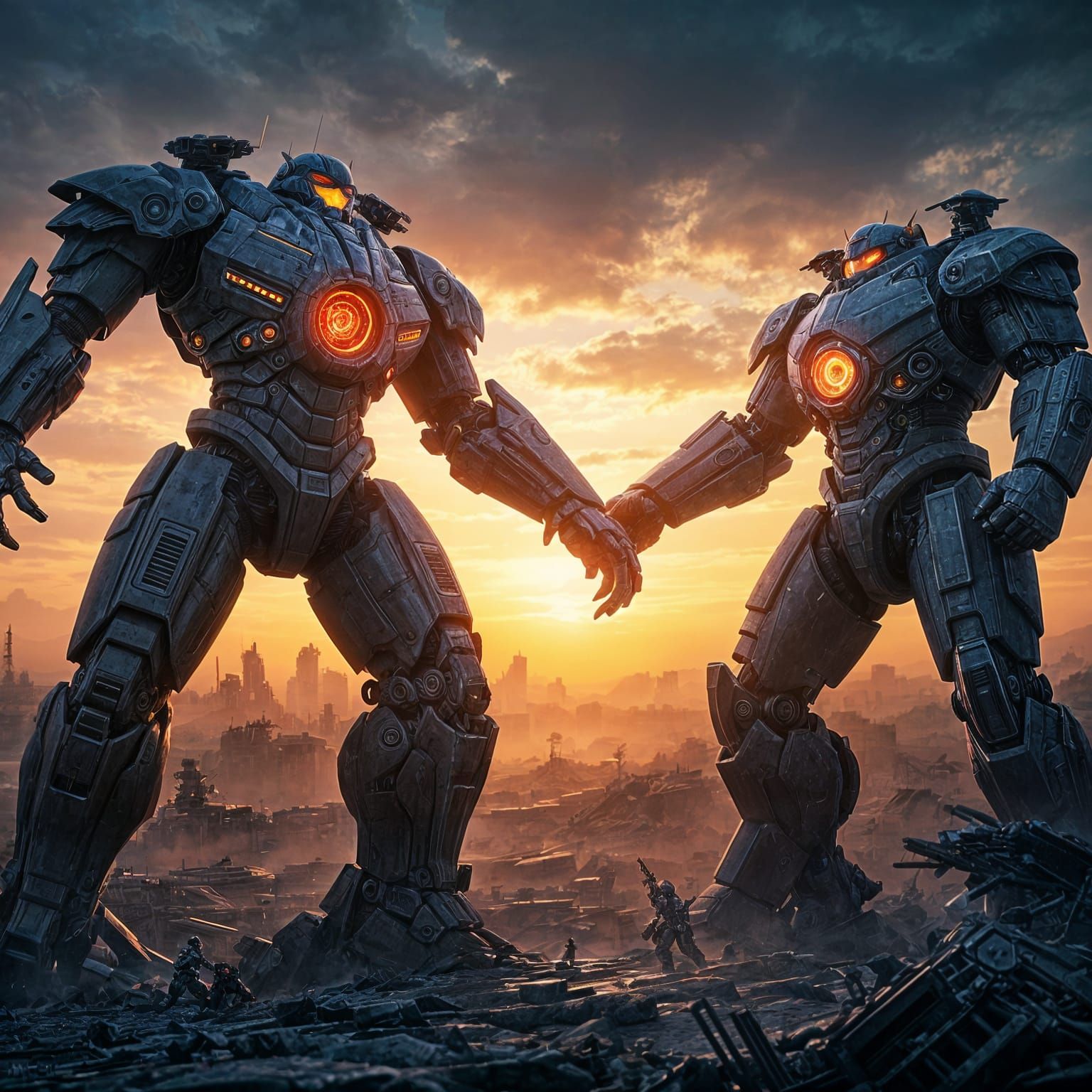 Two colossal Pacific Rim Jaeger mechs locked in an epic duel...