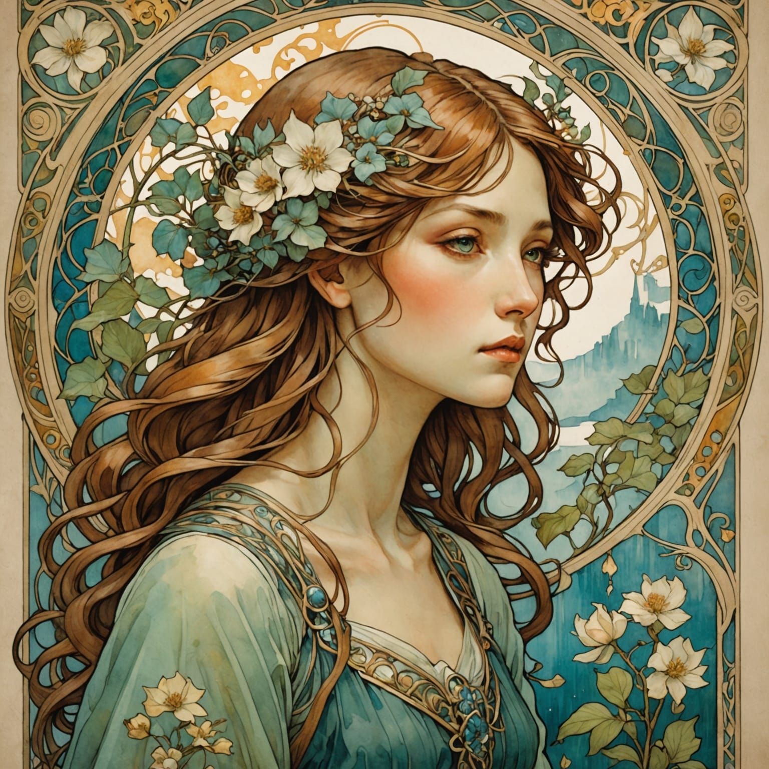 Dreamy Art Nouveau Figure in a Chessboard Setting