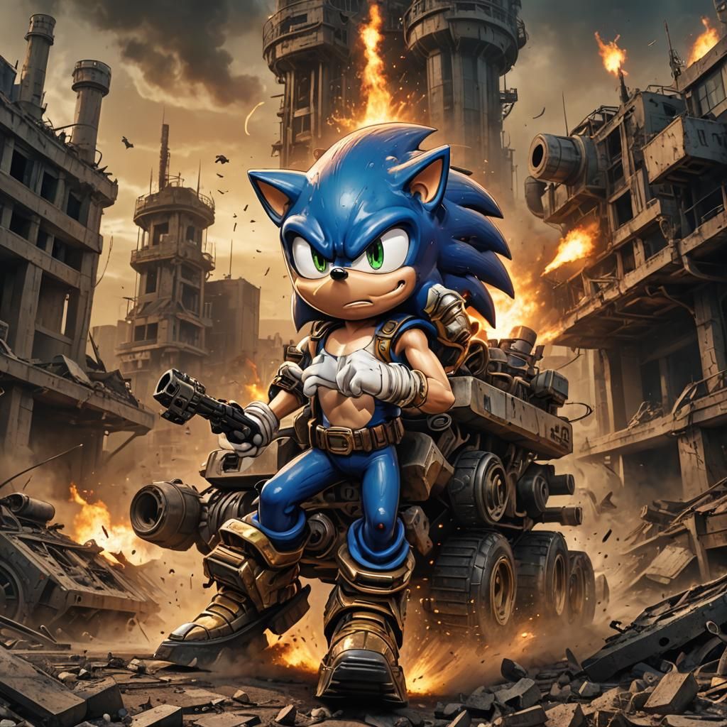 Chibi Sonic Races Tank in Apocalyptic Wasteland