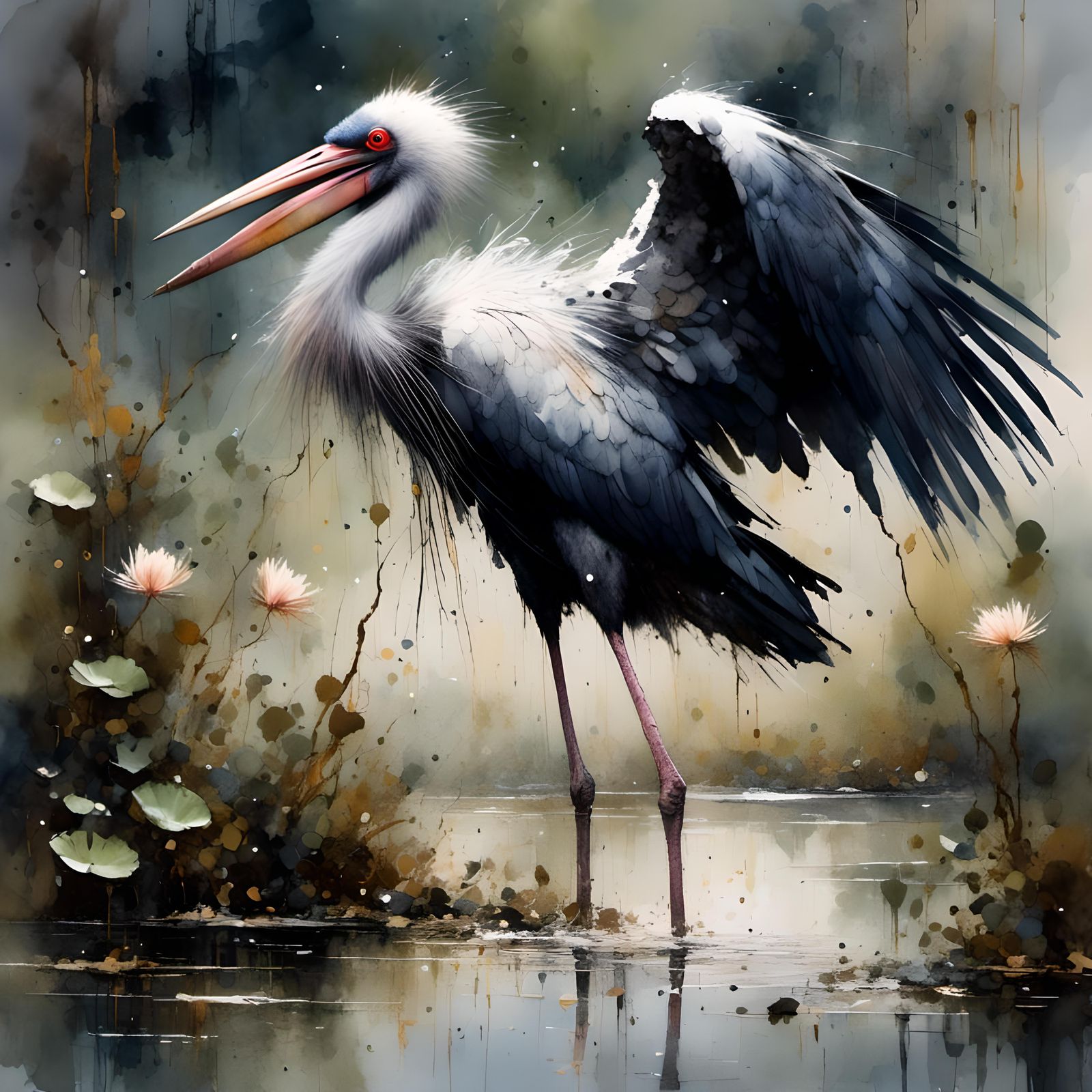 Marabou Stork in African Wetlands as Impasto Painting