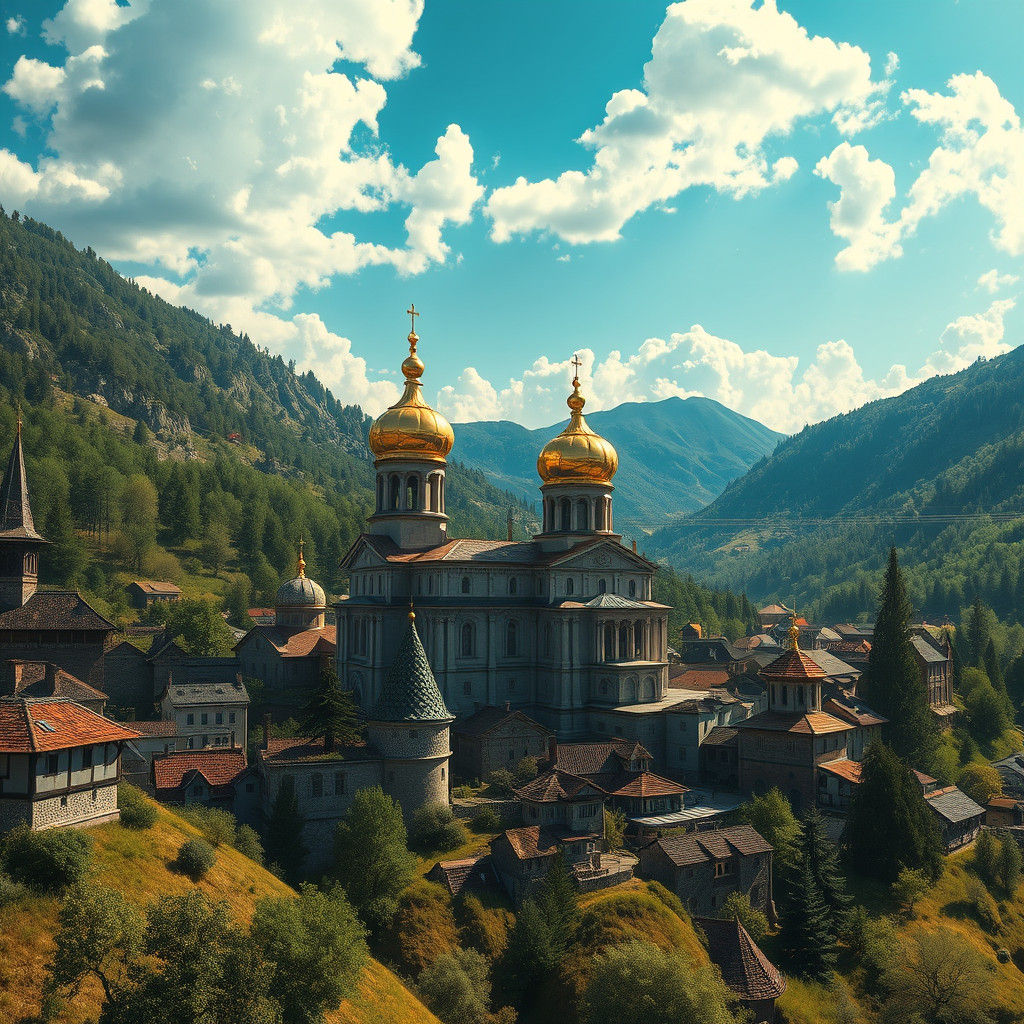 Medieval Town with Orthodox Church, Digital Concept Art