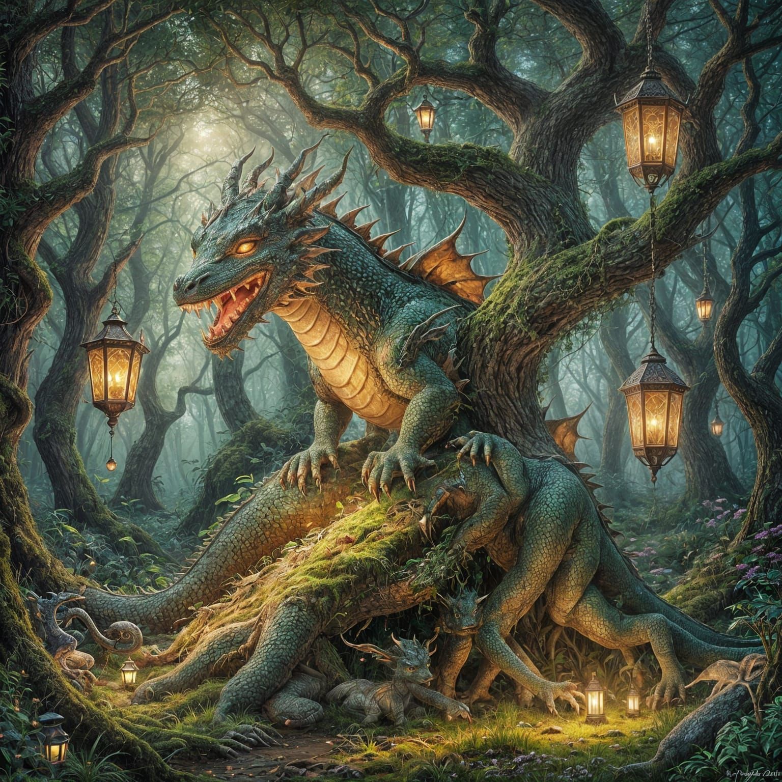 Enchanted Forest Clearing with Sleeping Dragon