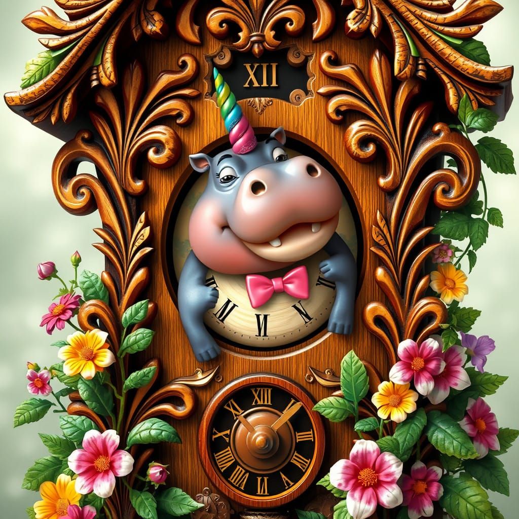 Whimsical Wooden Cuckoo Clock with Hippo and Unicorn