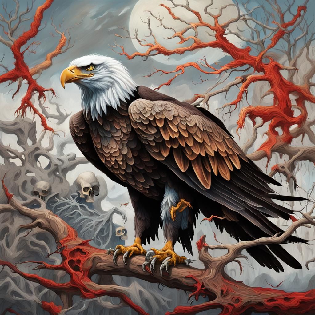 Surrealist art. The trees bend in the wind. A medium shot of...