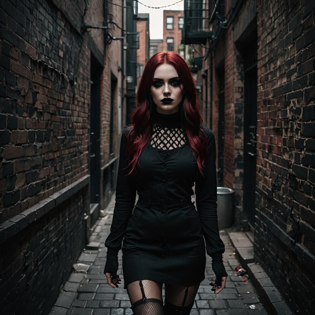 Gothic Portrait of Girl in Dimly Lit Alley