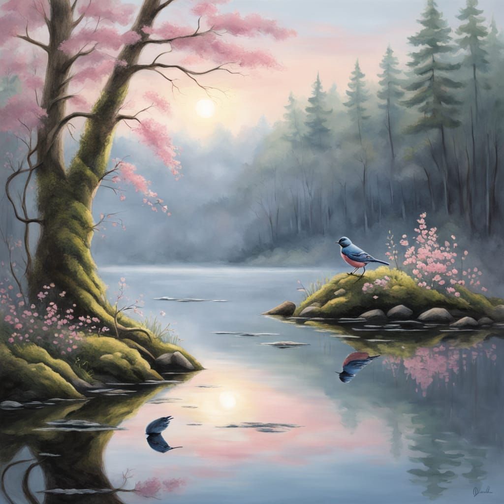 Poetic Bird on Mossy Branch Above Reflective Pond