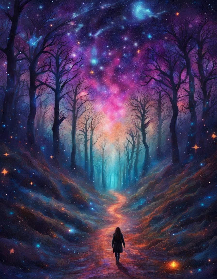 Magical Forest Path Under Starry Night Sky
