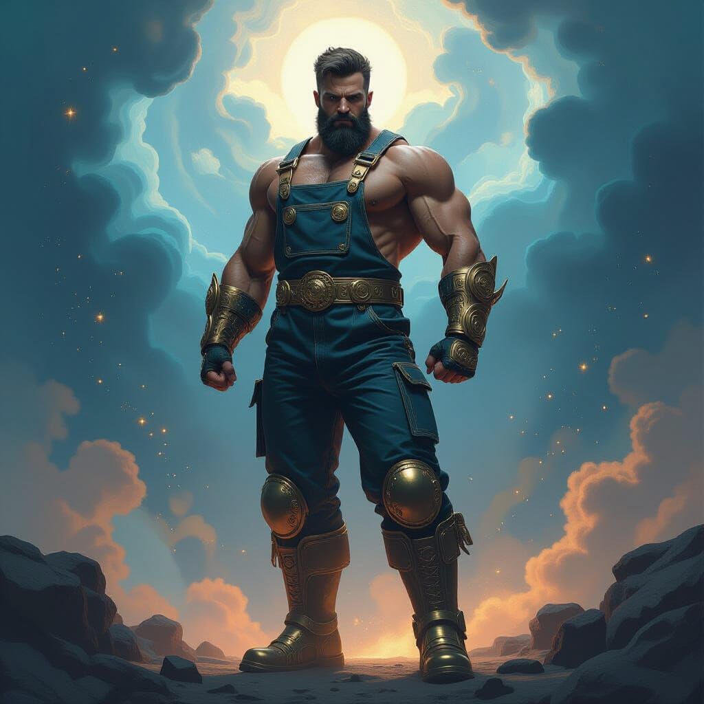 Muscular God Figure in Cosmic Art Nouveau Style