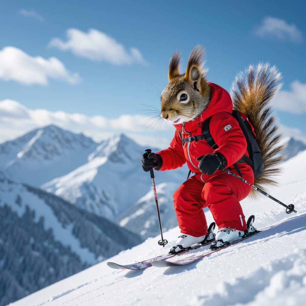 Squirrel Snowboarding Down Mountain in Red Snowsuit