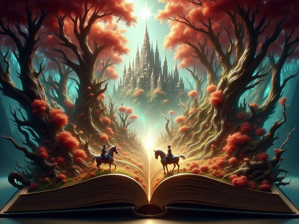 Open Fairytale Book With Projecting Fantasy Scenes
