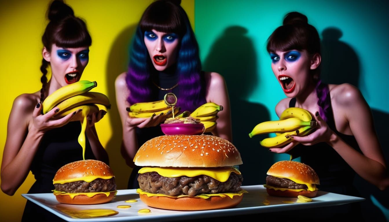Surreal Burger Creation with Living Bananas