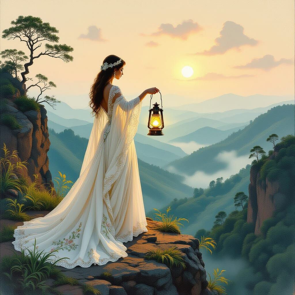 Ethereal Woman with Lantern on Misty Precipice