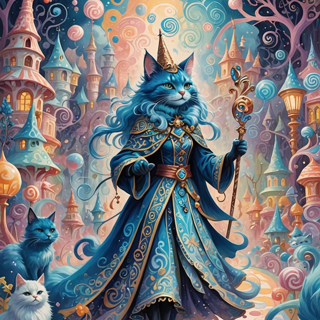 Blue Catfolk Sorceress in Gouache Candyland