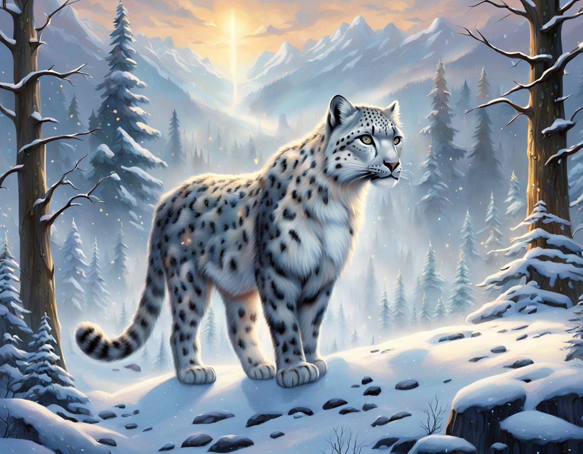 Mystical Snow Leopard Stalks Deer in Whimsical Forest