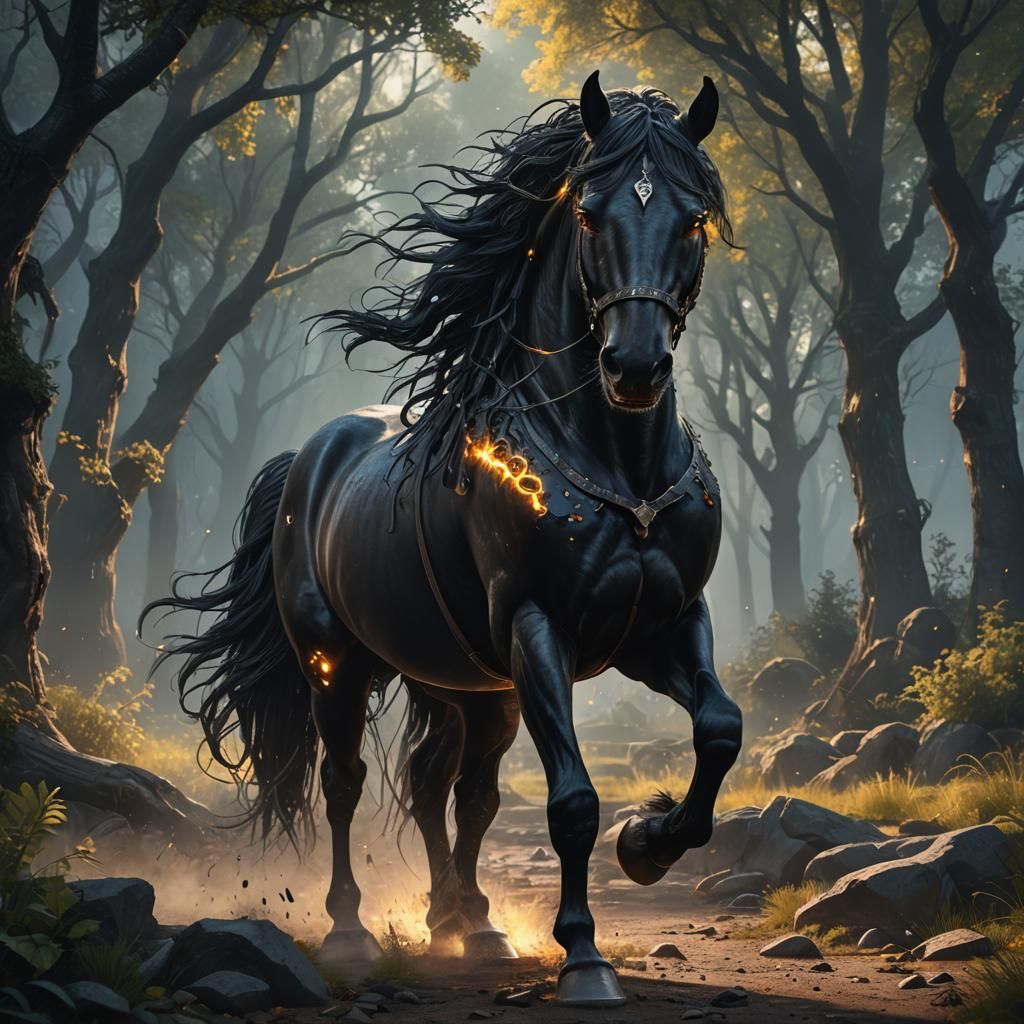 Black Horse with Glowing Eyes: Fantasy Concept Art