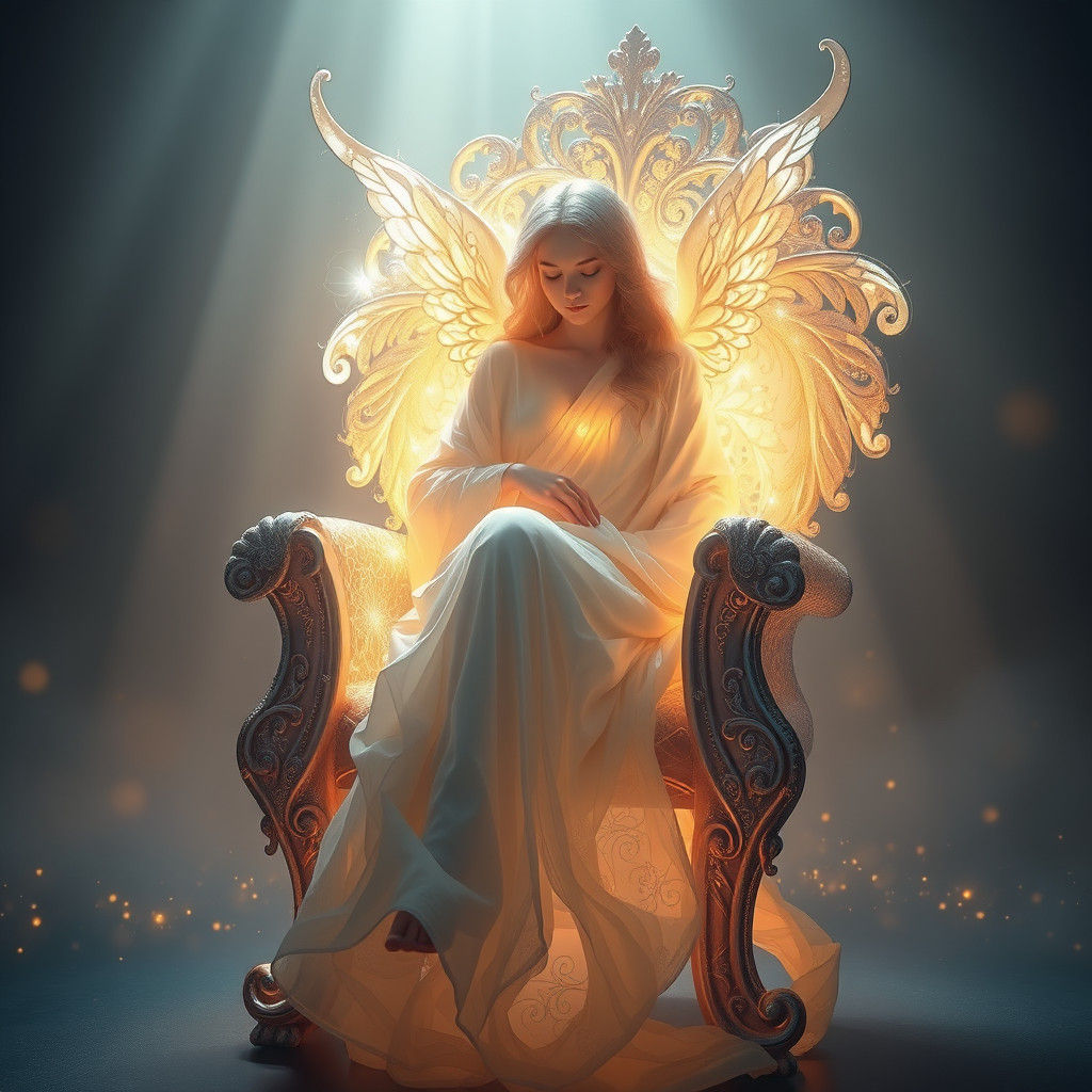 Ethereal Angel on Luminous Chair: Dreamlike Digital Art