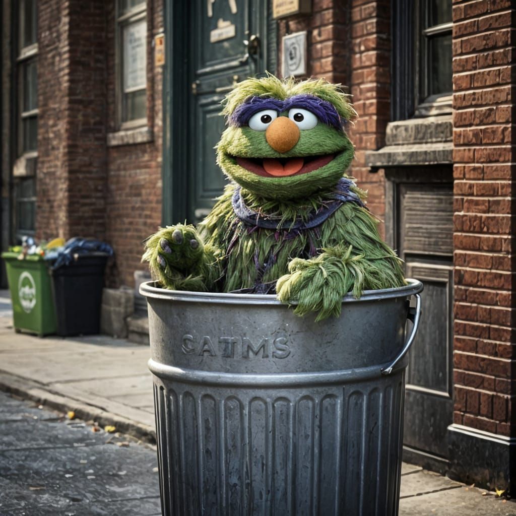 Oscar the Grouch in his trashcan on Sesame Street.