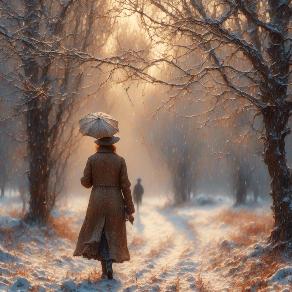 Woman in Winter Coat Walking Through Snow